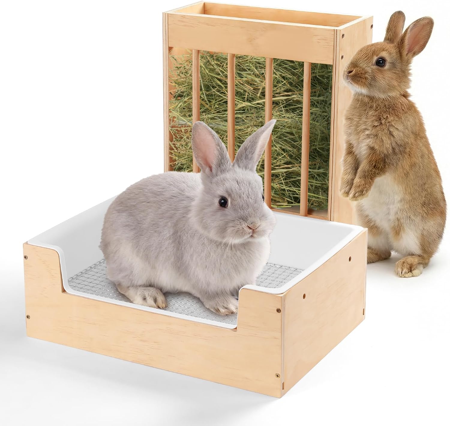 Essenhome Extra-Large 2-in-1 Rabbit Litter Box & Hay Feeder Set, Wood, Mess Proof, for Guinea Pigs, Chinchillas, Hamsters, and Rabbits