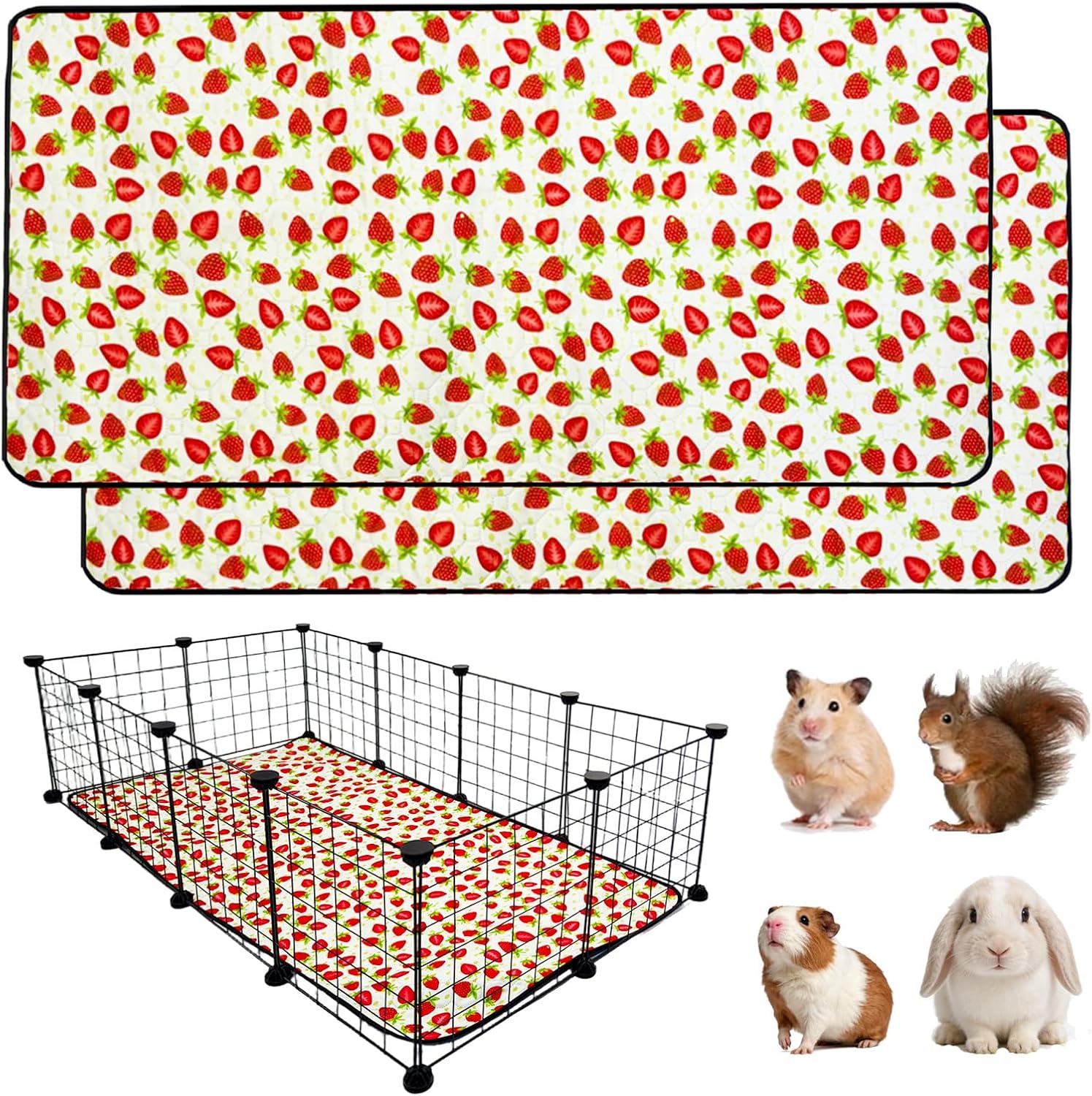 LWYMX 2 Pack Guinea Pig Cage Liners, 24"x48" Washable Waterproof Bedding for Rabbit, Bunny, Hamster & Small Animals, Reusable Super Absorbent Pee Pads for C&C Cage, Strawberry Print LWYMX 2 Pack Guinea Pig Cage Liners, 24"x48" Washable Waterproof Bedding for Rabbit, Bunny, Hamster & Small Animals, Reusable Super Absorbent Pee Pads for C&C Cage, Strawberry Print - Image 1