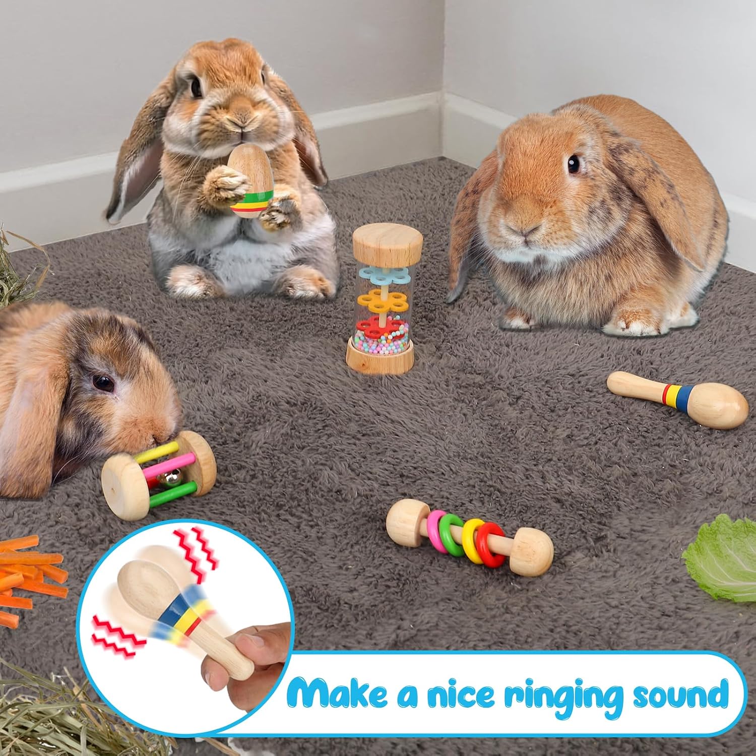 MEWTOGO 5 Pcs Wooden Bunny Toys - Safe Rabbit Toys, Multi-Colored Bite-Resistant Guinea Pigs Toys for Chinchillas Hamsters Small Animals Playing Indoor Outdoor Bunny Gifts - Image 3