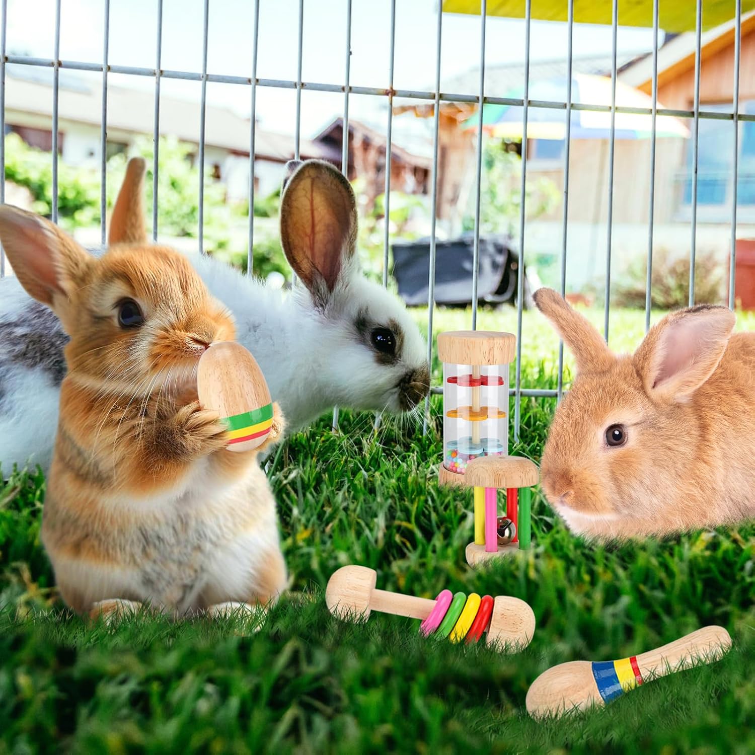 MEWTOGO 5 Pcs Wooden Bunny Toys - Safe Rabbit Toys, Multi-Colored Bite-Resistant Guinea Pigs Toys for Chinchillas Hamsters Small Animals Playing Indoor Outdoor Bunny Gifts - Image 4