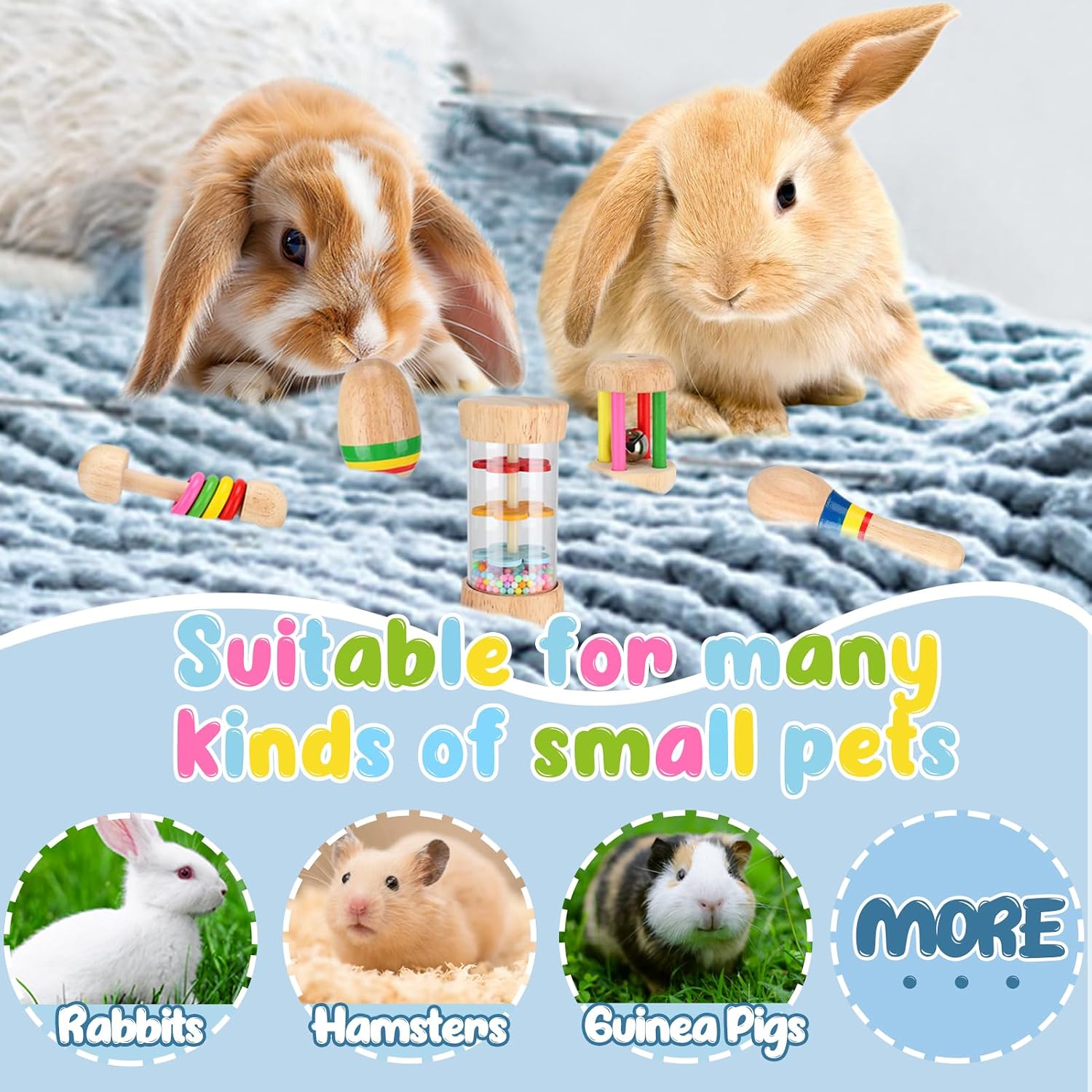 MEWTOGO 5 Pcs Wooden Bunny Toys - Safe Rabbit Toys, Multi-Colored Bite-Resistant Guinea Pigs Toys for Chinchillas Hamsters Small Animals Playing Indoor Outdoor Bunny Gifts - Image 6